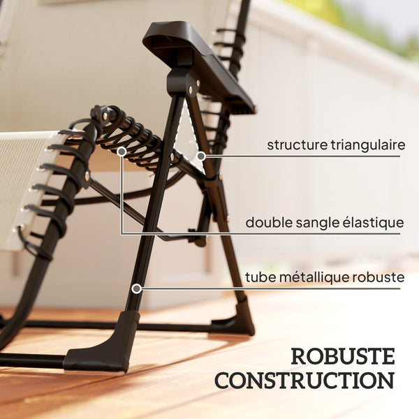 Lot de 2 bain de soleil, chaise longue pliante avec appuie-tête en textilène, transat jardin extérieur inclinable de plage camping piscine terrasse, 90 x 65 x 112 cm, beige