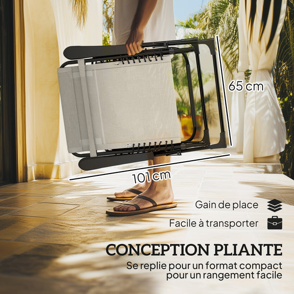 Lot de 2 bain de soleil, chaise longue pliante avec appuie-tête en textilène, transat jardin extérieur inclinable de plage camping piscine terrasse, 90 x 65 x 112 cm, beige