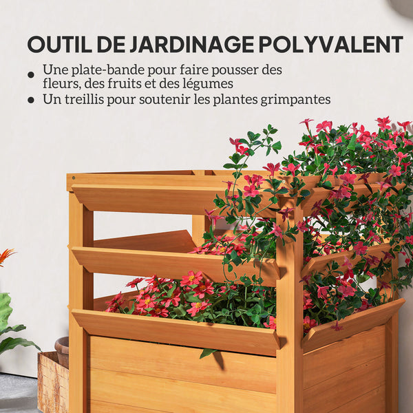 Jardinière avec treillis, lit surélevé de jardin, jardinière extérieure fond ouvert, bac à fleurs en bois pour balcon terrasse patio, 65 x 65 x 73 cm, marron clair