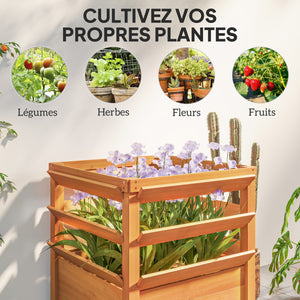 Jardinière avec treillis, lit surélevé de jardin, jardinière extérieure fond ouvert, bac à fleurs en bois pour balcon terrasse patio, 65 x 65 x 73 cm, marron clair