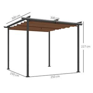 Pergola jardin exterieur 3 x 3 m pergola coulissante rétractable, tonnelle de jardin en toile polyester haute densité 180g/m², abri soleil UPF30+, pour terrasse, patio, arrière-cours, marron