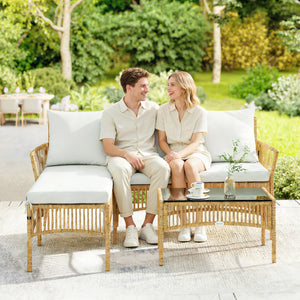 Salon de jardin extérieur d'angle 4 places en résine tressée, canapé 2 places, chaise longue, table basse, plateau en verre trempé et coussins, mobilier de jardin, terrasse, patio, crème