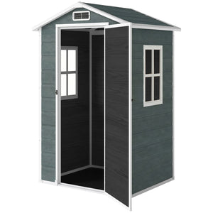 Abri de jardin en résine effet bois, 128x104x196cm (1,09 m²) - cabane de stockage avec plancher, fenêtre et toit pointu anti-pluie - rangement extérieur pour outils et tondeuse, gris