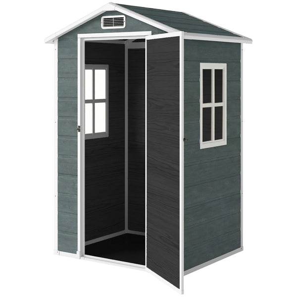 Abri de jardin en résine effet bois, 128x104x196cm (1,09 m²) - cabane de stockage avec plancher, fenêtre et toit pointu anti-pluie - rangement extérieur pour outils et tondeuse, gris