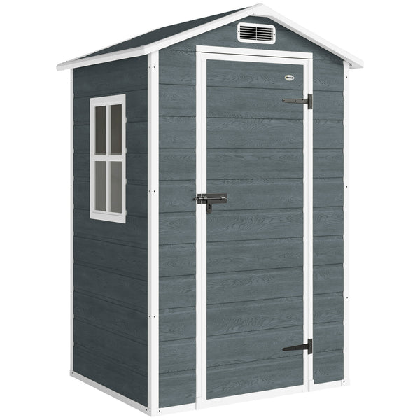 Abri de jardin en résine effet bois, 128x104x196cm (1,09 m²) - cabane de stockage avec plancher, fenêtre et toit pointu anti-pluie - rangement extérieur pour outils et tondeuse, gris