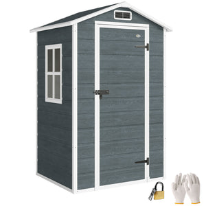 Abri de jardin en résine effet bois, 128x104x196cm (1,09 m²) - cabane de stockage avec plancher, fenêtre et toit pointu anti-pluie - rangement extérieur pour outils et tondeuse, gris
