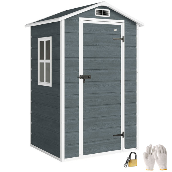 Abri de jardin en résine effet bois, 128x104x196cm (1,09 m²) - cabane de stockage avec plancher, fenêtre et toit pointu anti-pluie - rangement extérieur pour outils et tondeuse, gris