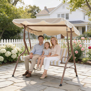 Balancelle de Jardin 3 Places Toit imperméabilisé Inclinaison réglable Coussins Assise Dossier 1,7L x 1,1l x 1,53H m Acier Polyester marron crème rayé