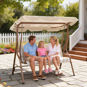 Balancelle de Jardin 3 Places Toit imperméabilisé Inclinaison réglable Coussins Assise Dossier 1,7L x 1,1l x 1,53H m Acier Polyester marron crème rayé