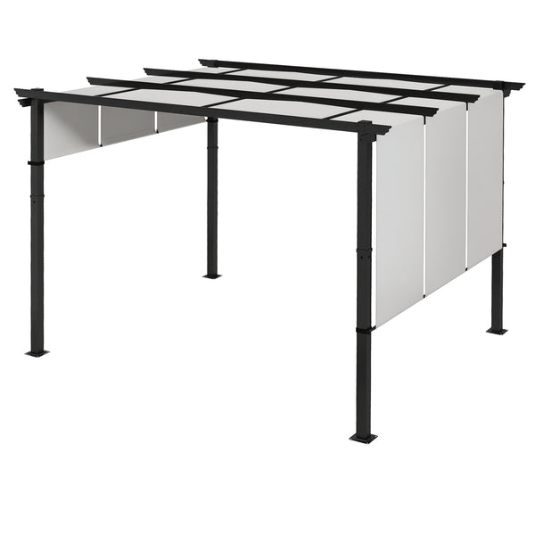 Pergola avec 3 toiles coulissantes 3,5 x 3 x 2,35 m structure acier noir toile polyester haute densité gris clair