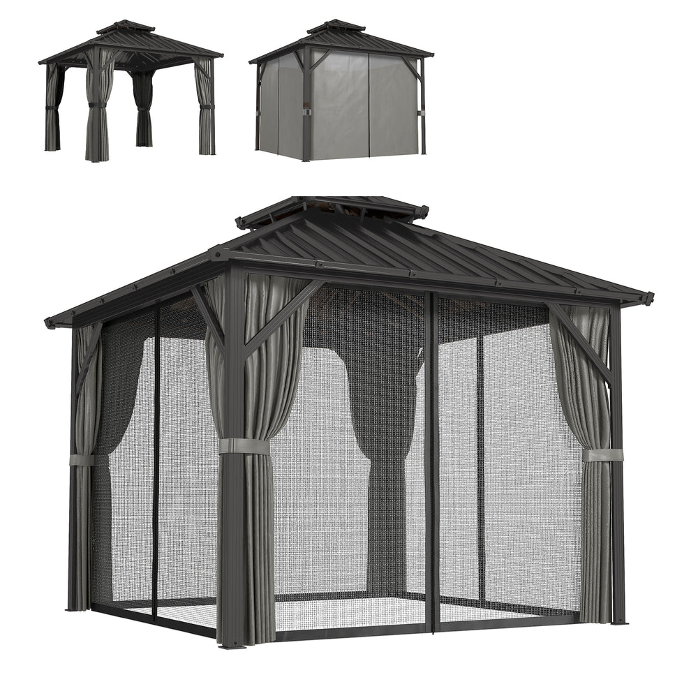Pavillon 3 x 3 m avec Toit Rigide en Acier Galvanisé, Protection UPF50+, Cadre en Aluminium, Rideaux et Moustiquaire, Crochet de Plafond, Gris Foncé