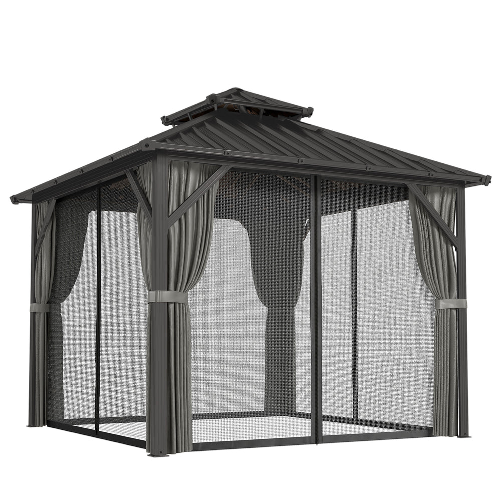 Pavillon 3 x 3 m avec Toit Rigide en Acier Galvanisé, Protection UPF50+, Cadre en Aluminium, Rideaux et Moustiquaire, Crochet de Plafond, Gris Foncé