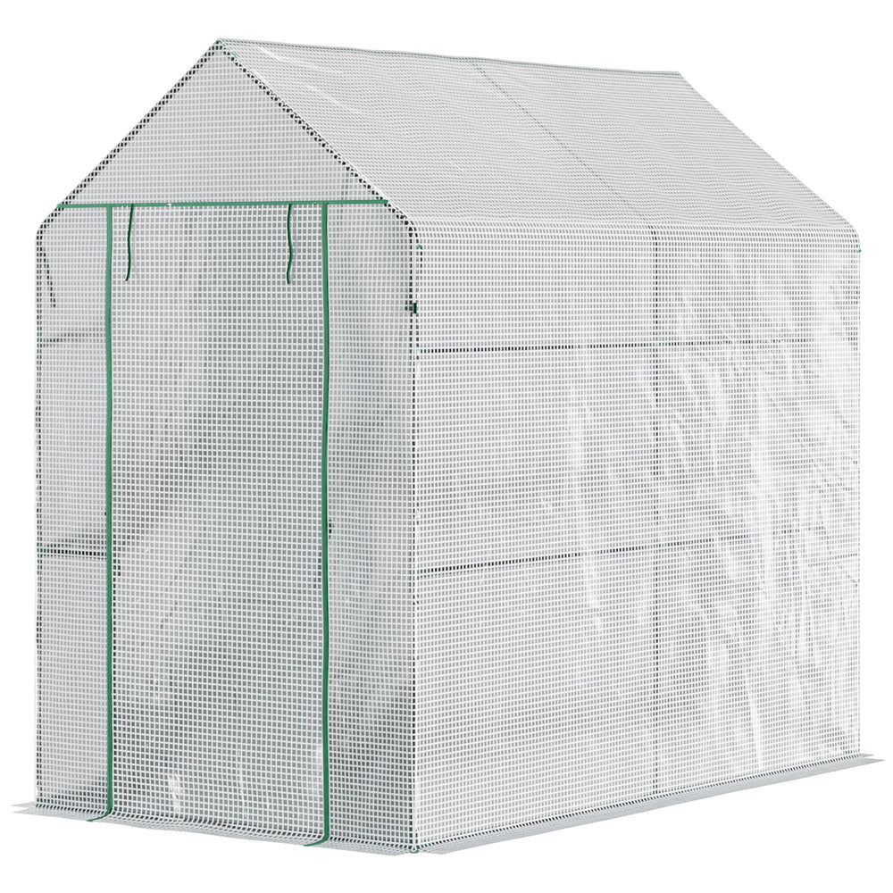 Serre de jardin PE avec étagère 2 niveaux, serre de balcon, bâche renforcée 140 g/m², châssis en acier, porte zippée enroulable, pour légumes plantes fleurs, 186 x 120 x 190 cm, blanc