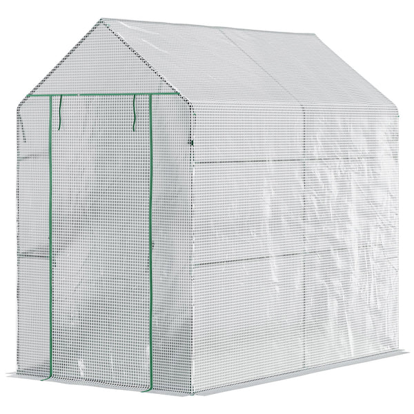 Serre de jardin PE avec étagère 2 niveaux, serre de balcon, bâche renforcée 140 g/m², châssis en acier, porte zippée enroulable, pour légumes plantes fleurs, 186 x 120 x 190 cm, blanc