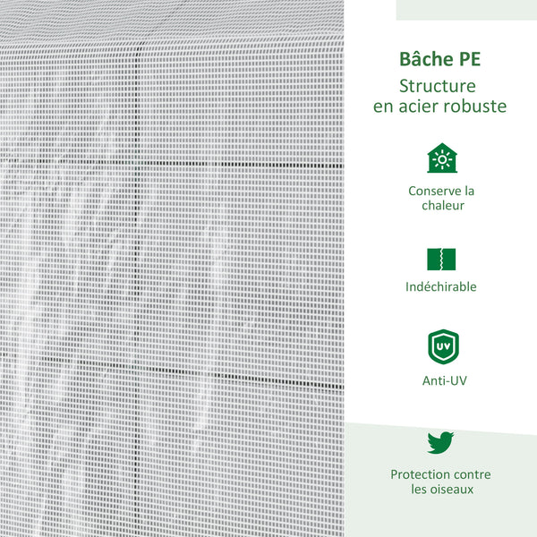 Serre de jardin PE avec étagère 2 niveaux, serre de balcon, bâche renforcée 140 g/m², châssis en acier, porte zippée enroulable, pour légumes plantes fleurs, 186 x 120 x 190 cm, blanc