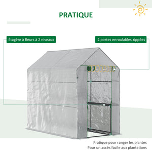 Serre de jardin PE avec étagère 2 niveaux, serre de balcon, bâche renforcée 140 g/m², châssis en acier, porte zippée enroulable, pour légumes plantes fleurs, 186 x 120 x 190 cm, blanc