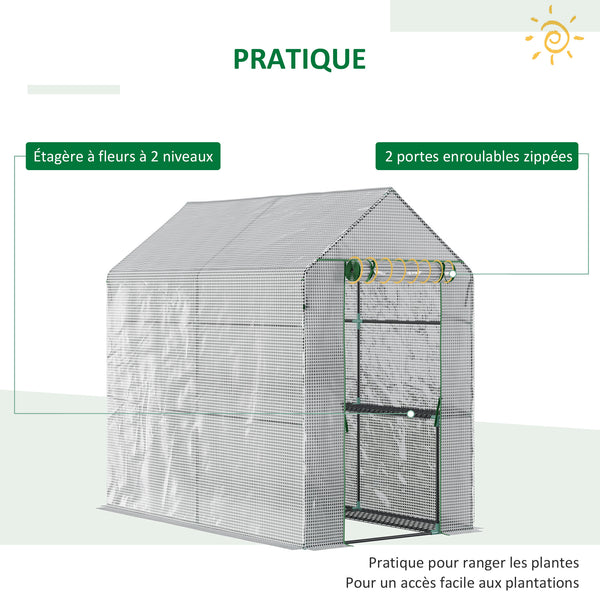 Serre de jardin PE avec étagère 2 niveaux, serre de balcon, bâche renforcée 140 g/m², châssis en acier, porte zippée enroulable, pour légumes plantes fleurs, 186 x 120 x 190 cm, blanc