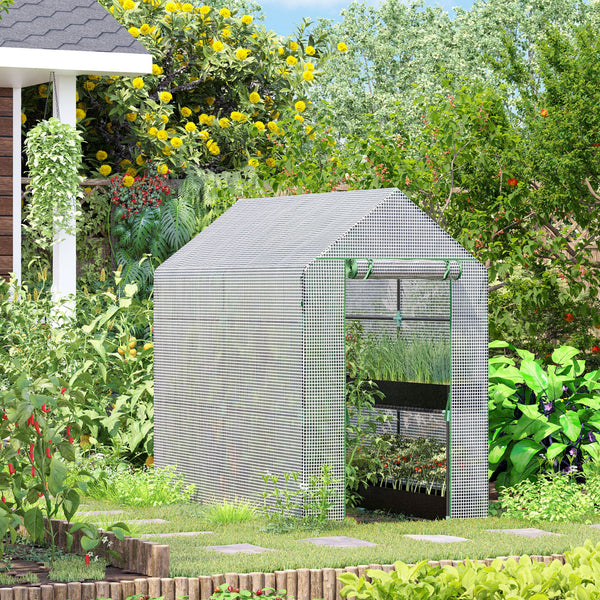 Serre de jardin PE avec étagère 2 niveaux, serre de balcon, bâche renforcée 140 g/m², châssis en acier, porte zippée enroulable, pour légumes plantes fleurs, 186 x 120 x 190 cm, blanc