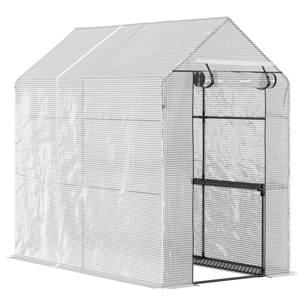 Serre de jardin PE avec étagère 2 niveaux, serre de balcon, bâche renforcée 140 g/m², châssis en acier, porte zippée enroulable, pour légumes plantes fleurs, 186 x 120 x 190 cm, blanc