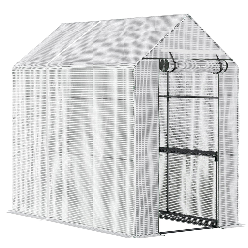 Serre de jardin PE avec étagère 2 niveaux, serre de balcon, bâche renforcée 140 g/m², châssis en acier, porte zippée enroulable, pour légumes plantes fleurs, 186 x 120 x 190 cm, blanc