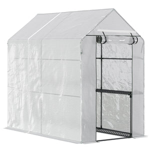 Serre de jardin PE avec étagère 2 niveaux, serre de balcon, bâche renforcée 140 g/m², châssis en acier, porte zippée enroulable, pour légumes plantes fleurs, 186 x 120 x 190 cm, blanc