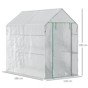 Serre de jardin PE avec étagère 2 niveaux, serre de balcon, bâche renforcée 140 g/m², châssis en acier, porte zippée enroulable, pour légumes plantes fleurs, 186 x 120 x 190 cm, blanc