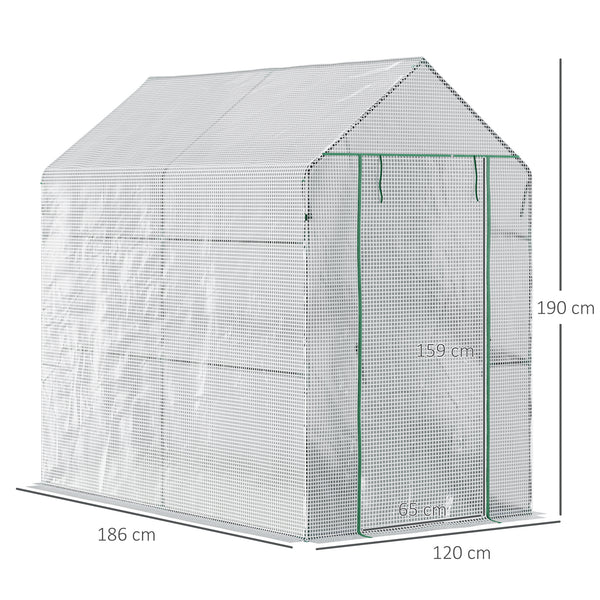 Serre de jardin PE avec étagère 2 niveaux, serre de balcon, bâche renforcée 140 g/m², châssis en acier, porte zippée enroulable, pour légumes plantes fleurs, 186 x 120 x 190 cm, blanc