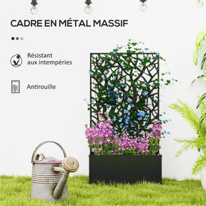 Jardinière avec treillis à motif arbres, bac à fleurs, lit surélevé, pour plantes grimpantes, légumes, fleurs, en métal, intérieur et extérieur, cour, jardin, balcon, 61 x 23 x 113 cm, noir