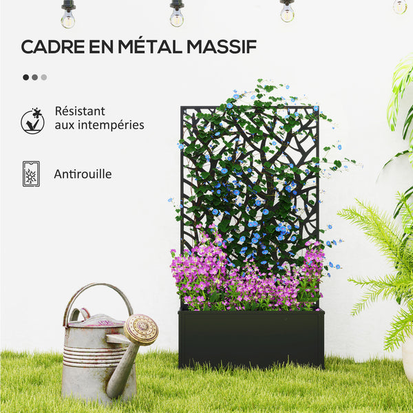 Jardinière avec treillis à motif arbres, bac à fleurs, lit surélevé, pour plantes grimpantes, légumes, fleurs, en métal, intérieur et extérieur, cour, jardin, balcon, 61 x 23 x 113 cm, noir