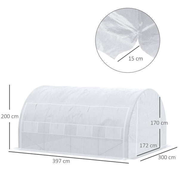 Serre de jardin 12 m² dim. 4L x 3l x 2H m avec porte + parois latérales zippées enroulables, 8 fenêtres, acier PE haute densité 140 g/m² Anti-UV blanc