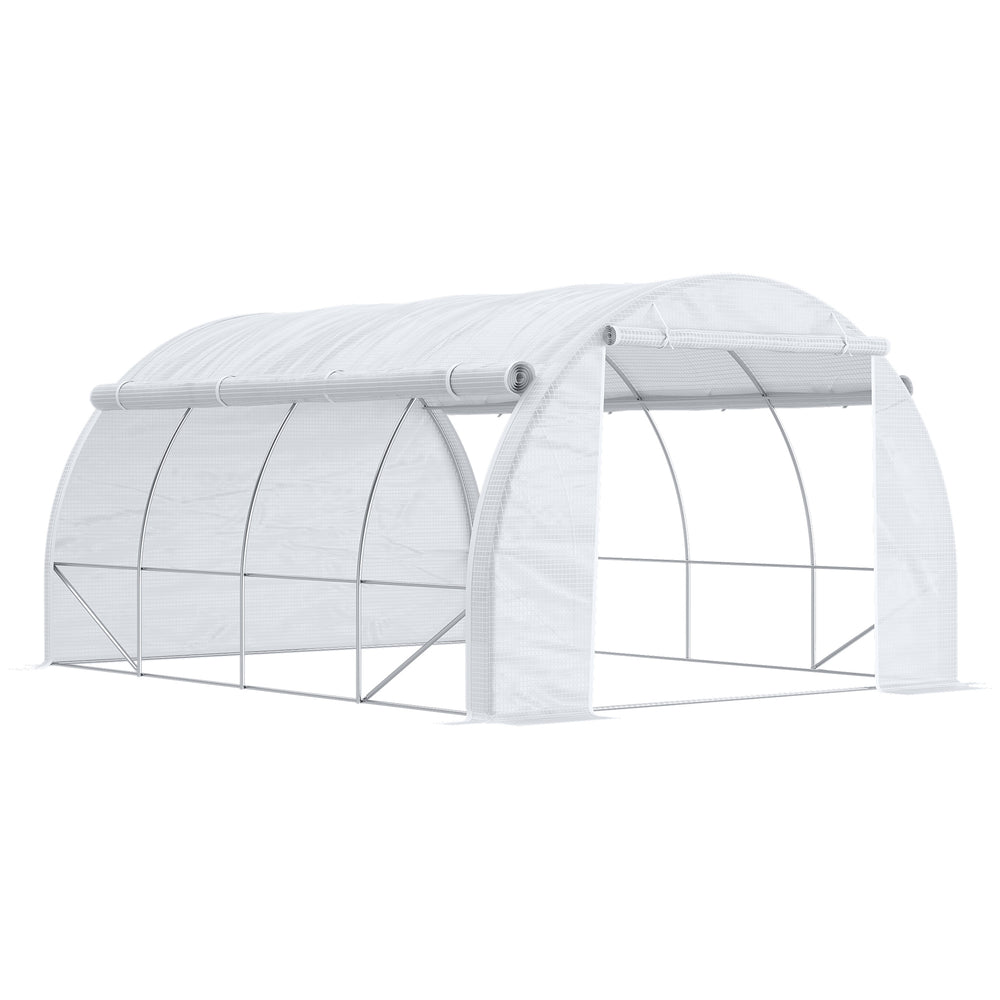 Serre de jardin 12 m² dim. 4L x 3l x 2H m avec porte + parois latérales zippées enroulables, 8 fenêtres, acier PE haute densité 140 g/m² Anti-UV blanc