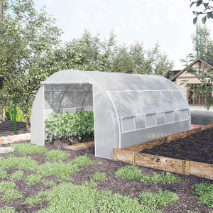 Serre de jardin 12 m² dim. 4L x 3l x 2H m avec porte + parois latérales zippées enroulables, 8 fenêtres, acier PE haute densité 140 g/m² Anti-UV blanc