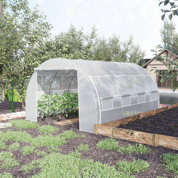 Serre de jardin 12 m² dim. 4L x 3l x 2H m avec porte + parois latérales zippées enroulables, 8 fenêtres, acier PE haute densité 140 g/m² Anti-UV blanc