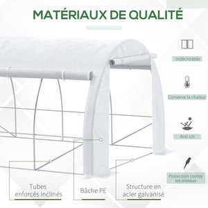 Serre de jardin 12 m² dim. 4L x 3l x 2H m avec porte + parois latérales zippées enroulables, 8 fenêtres, acier PE haute densité 140 g/m² Anti-UV blanc