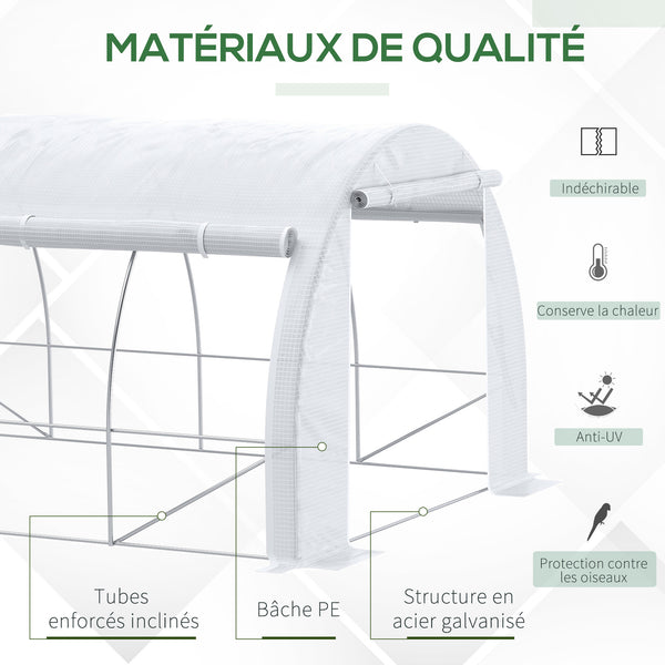 Serre de jardin 12 m² dim. 4L x 3l x 2H m avec porte + parois latérales zippées enroulables, 8 fenêtres, acier PE haute densité 140 g/m² Anti-UV blanc