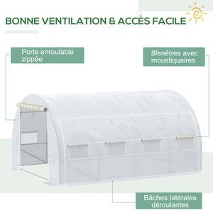 Serre de jardin 12 m² dim. 4L x 3l x 2H m avec porte + parois latérales zippées enroulables, 8 fenêtres, acier PE haute densité 140 g/m² Anti-UV blanc
