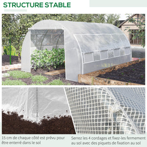 Serre de jardin 12 m² dim. 4L x 3l x 2H m avec porte + parois latérales zippées enroulables, 8 fenêtres, acier PE haute densité 140 g/m² Anti-UV blanc