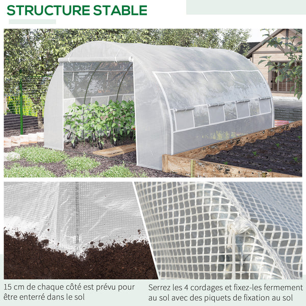 Serre de jardin 12 m² dim. 4L x 3l x 2H m avec porte + parois latérales zippées enroulables, 8 fenêtres, acier PE haute densité 140 g/m² Anti-UV blanc