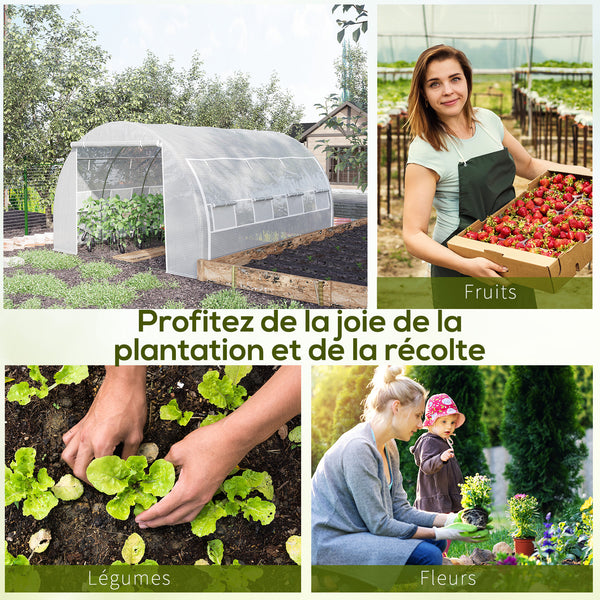 Serre de jardin 12 m² dim. 4L x 3l x 2H m avec porte + parois latérales zippées enroulables, 8 fenêtres, acier PE haute densité 140 g/m² Anti-UV blanc