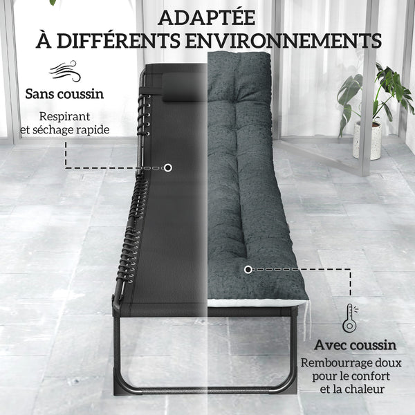 Lot de 2 bain de soleil, chaise longue pliante en textilène, transat jardin extérieur inclinable, coussin, appui-tête, poche latérale, pour patio, piscine, terrasse, 60x190x31cm, gris et noir