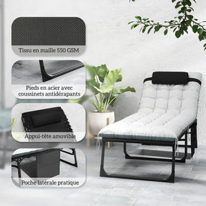 Lot de 2 bain de soleil, chaise longue pliante en textilène, transat jardin extérieur inclinable, coussin, appui-tête, poche latérale, pour patio, piscine, terrasse, 60x190x31cm, gris et noir