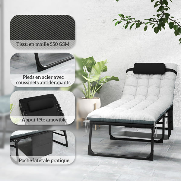 Lot de 2 bain de soleil, chaise longue pliante en textilène, transat jardin extérieur inclinable, coussin, appui-tête, poche latérale, pour patio, piscine, terrasse, 60x190x31cm, gris et noir