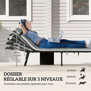 Lot de 2 bain de soleil, chaise longue pliante en textilène, transat jardin extérieur inclinable, coussin, appui-tête, poche latérale, pour patio, piscine, terrasse, 60x190x31cm, gris et noir