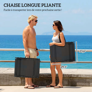 Lot de 2 bain de soleil, chaise longue pliante en textilène, transat jardin extérieur inclinable, coussin, appui-tête, poche latérale, pour patio, piscine, terrasse, 60x190x31cm, gris et noir