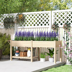 Jardinière sur pieds, carré potager de jardin sur pieds, 2 bacs avec séparateur, tablette pliable et étagère inférieure, potager surélevé en bois pour fleurs, 207 x 59 x 78 cm, bois naturel