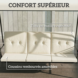 Balancelle de jardin 3 places grand confort inclinaison toit réglable, 2 tablettes latérales, coussins, acier polyester crème