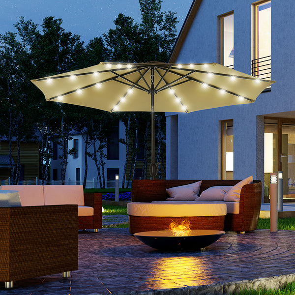Parasol de jardin Parasol droit Parasol octogonal inclinable Ø 2,7 x 2,4 m lumineux solaire 24 LED polyester haute densité 180 g/m² marron