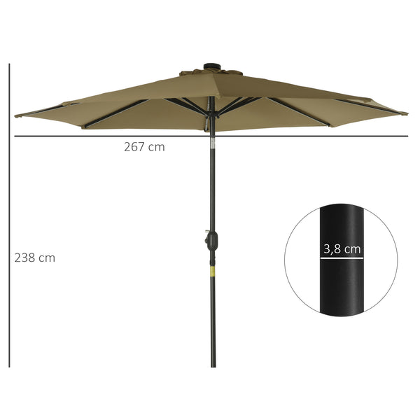 Parasol de jardin Parasol droit Parasol octogonal inclinable Ø 2,7 x 2,4 m lumineux solaire 24 LED polyester haute densité 180 g/m² marron