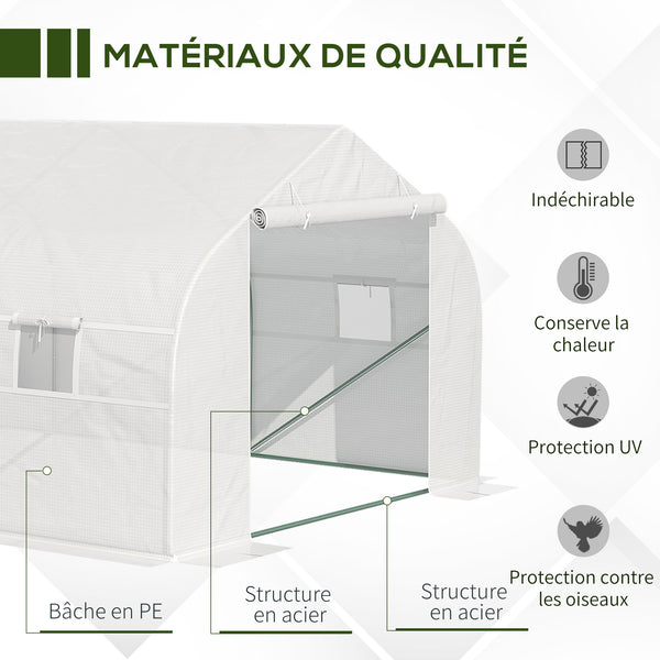 Serre Tunnel de Jardin dim. 6 x 3 x 2 m Porte + 8 fenêtres enroulables Acier bâche PE Haute densité Blanc