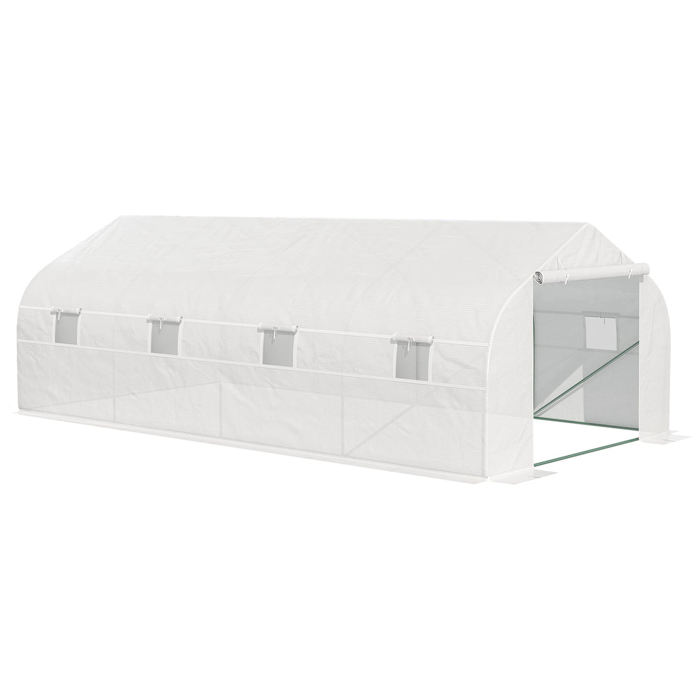 Serre Tunnel de Jardin dim. 6 x 3 x 2 m Porte + 8 fenêtres enroulables Acier bâche PE Haute densité Blanc